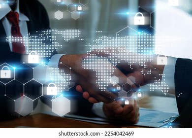 Partnership. business man handshake with partner after business meeting with virtual network technology icon diagram, business finance, internet network security, connection, data protection concept - Powered by Shutterstock