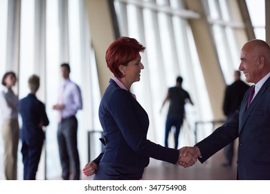 Partnership Concept With Senior  Business Man And Woman Make Hand Shake And Take Agreement In Modern Office Interior