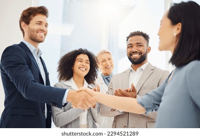 Partnership hand shake, happy or business people applause for acquisition agreement, partner deal or merger success. Thank you handshake, congratulations or diversity group clapping for job promotion - Shutterstock ID 2294521289