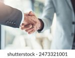 Partnership, handshake and business people in office for deal, welcome or onboarding for b2b collaboration. Meeting, teamwork and shaking hands for agreement, consulting or introduction with trust