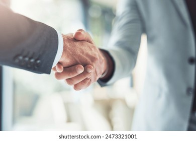 Partnership, handshake and business people in office for deal, welcome or onboarding for b2b collaboration. Meeting, teamwork and shaking hands for agreement, consulting or introduction with trust