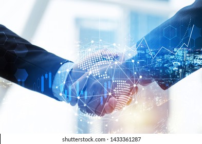 Partnership. investor business man handshake with partner for successful project meeting, with world map global network link connection and city background, investment, partnership, teamwork concept