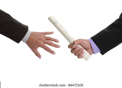 Partnership Or Teamwork Concept Two Men Handing Over A Paaperwork Baton