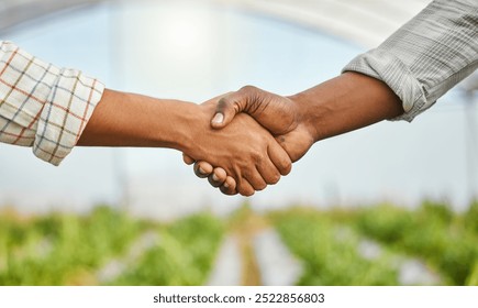 Partnership, teamwork or handshake of farmers in greenhouse for organic trade together. Closeup, people and small business owners in meeting for agriculture deal with goal, collaboration and ecology - Powered by Shutterstock