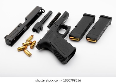 Parts Of Automatic Pistol Handgun With Magazine On White Isolated Background