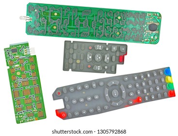 Parts Of Broken Tv Remote Control On A White Background