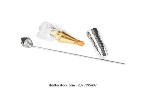 Parts Of Dental Implant And Mirror On White Background, Top View