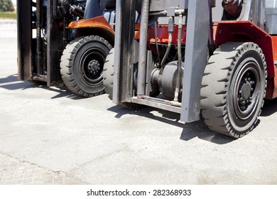 Parts Of Forklift Loader For Warehouse Works Outdoors. Forklift Loaders Tires