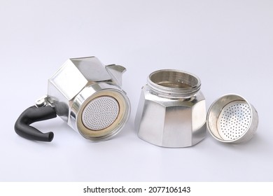 Parts Of Moka Pot Isolated On White Background