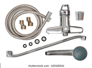 Parts Of Nickel, Silver Or Chromium Faucet, Water Tap For Bathroom, Isolated On A White Background, Close Up, Top View. There Are: Spout, Hose, Shower, Gaskets, Eccentrics.