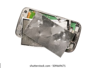 Parts Of Old Broken Phone On White Background. Isolated