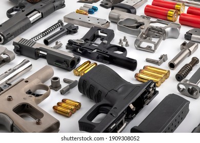 Parts Of Pistol Hand Guns Assembly On White Background , Can Be Used As A Background