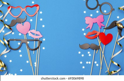 Party Background With Funny Props On A Blue Background. Wedding, Christmas, New Year Party Photobooth.