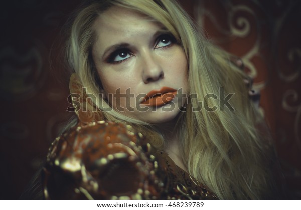 Party Blonde Long Hair Gold Red Stock Photo Edit Now 468239789