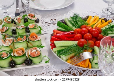 Party Brunch Table Setting With Food Meat Vegetables