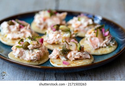 Party Canapes, Blinis With Salmon Spread