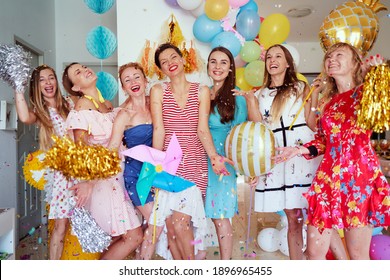 Party And Celebration. Group Of Happy Smiling Young Women Having Fun Together At Home Decorated With Air Baloons.