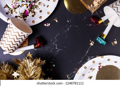 Party Cup,party Blower,tinsel,confetti.Holiday Celebrate Party Time.top View Tabletop.