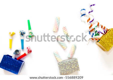 Party decoration, box of party stuff islate by white background