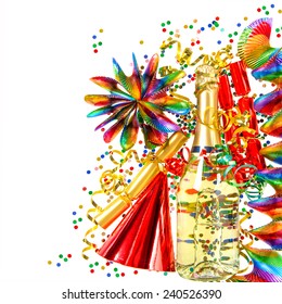 Party Decoration With Garlands, Streamer, Cracker, Confetti And Wine Bottle. Holidays Background