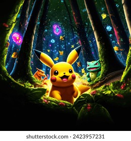 Pokémon Party in the Deep Forest

In the depths of a picturesque forest, among the dark trees, an amazing party is taking place where your favorite Pokémon come together to dance the night away to the pulsating beats of techno music. This magical night is