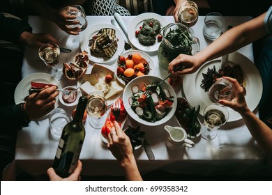 Party Dinner Table, Celebrating With Friends Of Family Served At Home Or In A Restaurant. Toned Picture