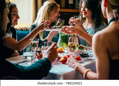 Party Dinner Table, Celebrating With Friends Of Family Served At Home Or In A Restaurant.