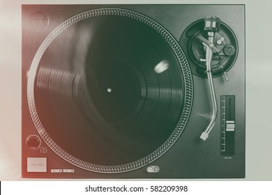 Party Dj Turntable Overhead Shot.Hifi Turntables Top View,double Exposure Effect.Audio Equipment For Disc Jockey Nightclub.Music Background.Vintage Electronic.