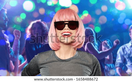 Similar – Image, Stock Photo woman with pink wig smiling happily on pink background