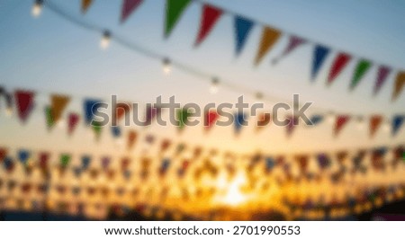 Party Flags And Lights At Sunset.