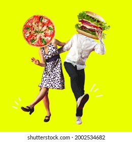 Party food time. Couple of dancers headed with pizza and burger insted heads on yellow background. Copy space for ad. Modern design. Contemporary bright artwork. Summertime, surrealism, fashionable.