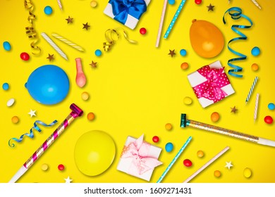 Party Frame Decorations On Yellow Background Stock Photo 1609271431