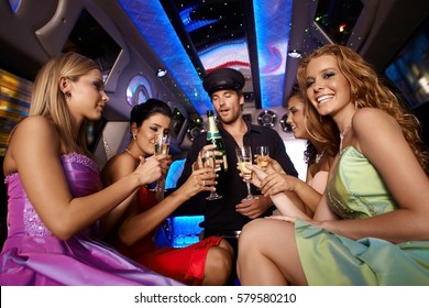 Party Fun In Limousine With Attractive Women.