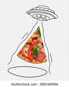 Party gathering, Friday hang out. Contemporary art collage of UFO, flying saucer with pizza slice isolated over white background. Concept of art, creativity, food, delivery service, taste and ad