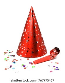 Party hat with confetti and blower whistle.