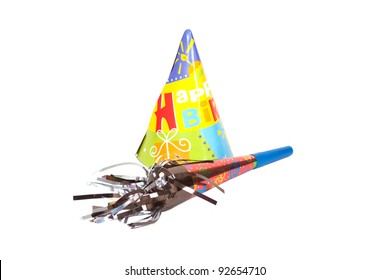 Party Hat And Noise Maker Isolated On White Background