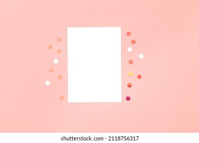 Party Invitation Or Greeting Card Mockup. Empty White Card 5x7 On A Pink Background.