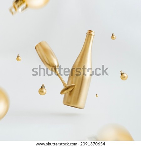 Party New Year background with gold champagne bottle, flying xmas baubles and glass of wine. Creative abstract design with realistic 3d festive objects. 3d rendering.
