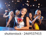 Party, nightclub and portrait of women with cocktail for cheers, toast and celebration on ladies night. Alcohol, social event and happy female friends enjoy happy hour at rave, disco and cocktail bar