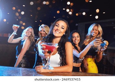 Party, nightclub and portrait of women with cocktail for cheers, toast and celebration on ladies night. Alcohol, social event and happy female friends enjoy happy hour at rave, disco and cocktail bar - Powered by Shutterstock