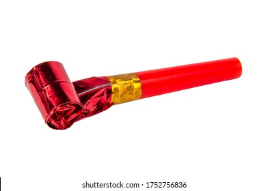 Party Red Foil Whistle Or Noise Maker Horn Rolled Isolated On The White