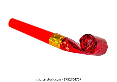 Party Red Foil Whistle Or Noise Maker Horn Rolled Isolated On The White