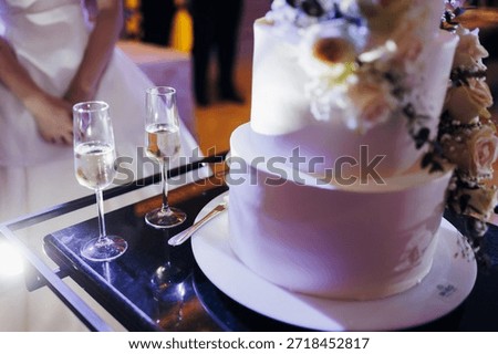 Party setting featuring layered cake and bubbly drinks on serving