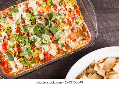 Party Seven Layer Bean Dip And Tortilla Chips Appetizer