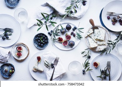 Party Tabletop Decor With Olive Tree Figs Romantic Table Setting Overhead Flatlay 