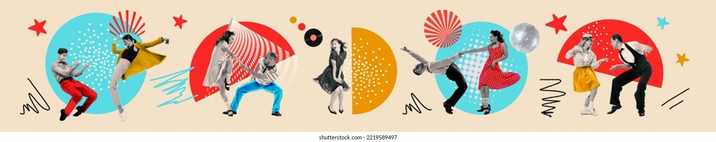 Party Time. Contemporary Art Collage. Dancing Couples In Retro 70s, 80s Styled Clothes Over Light Background With Drawings. Concept Of Art, Music, Fashion, Party, Creativity. Flyer