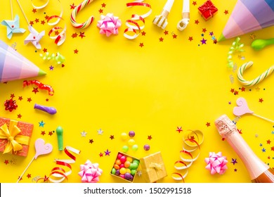 Party Time Frame With Decorations On Yellow Background Top View Mock Up