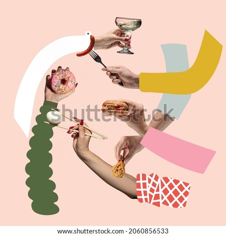 Party time. Friends gathering. Creative artwork of human hands holding various food, burger, chicken, alcohol glass, donut, egg, sausage. Concept of art, creativity, imagination, poster and ad