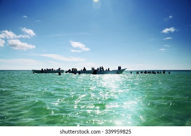 Party In The Water. Speedboats And People Enjoying Clear Water Of The Carribean Sea