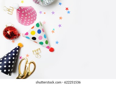 Party White Background. Happy Birthday Mockup, Event. Decor Table View. Flat Lay. 